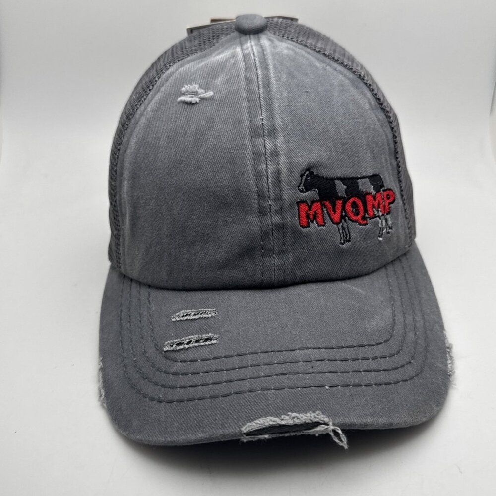 C.C Ponycap Hat MVQMP Embroidered Cow Distressed Mesh Messy High Bun Ponytail